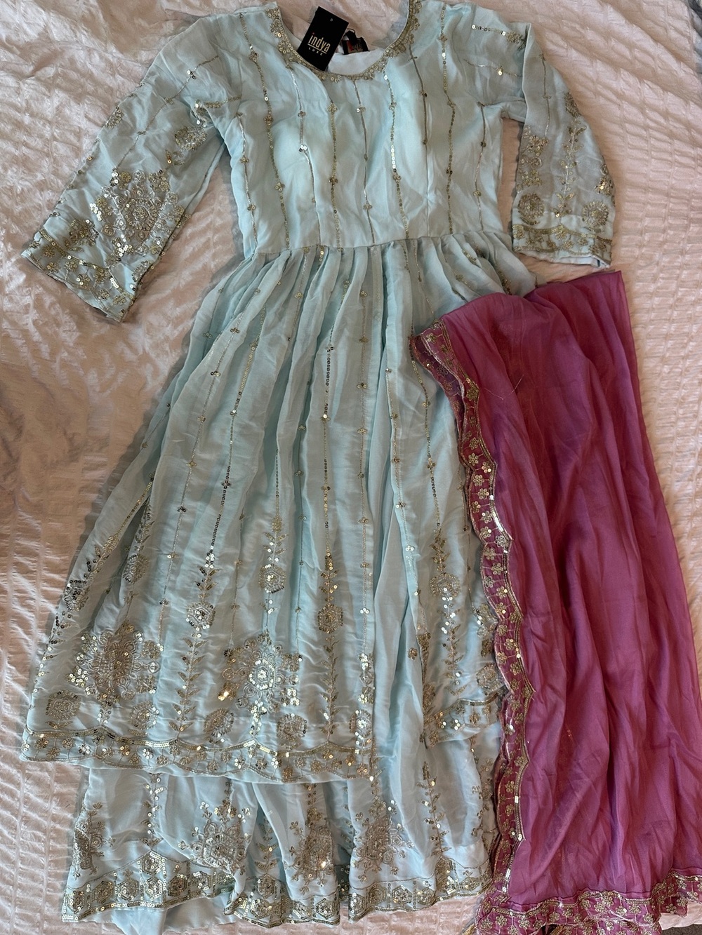 Light Blue Embellished Women's Dress with Pink Dupatta
